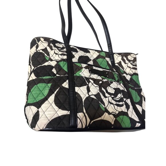 Vera Bradley Quilted Tote Bag With Black Green & White Floral Pattern - Picture 2 of 5